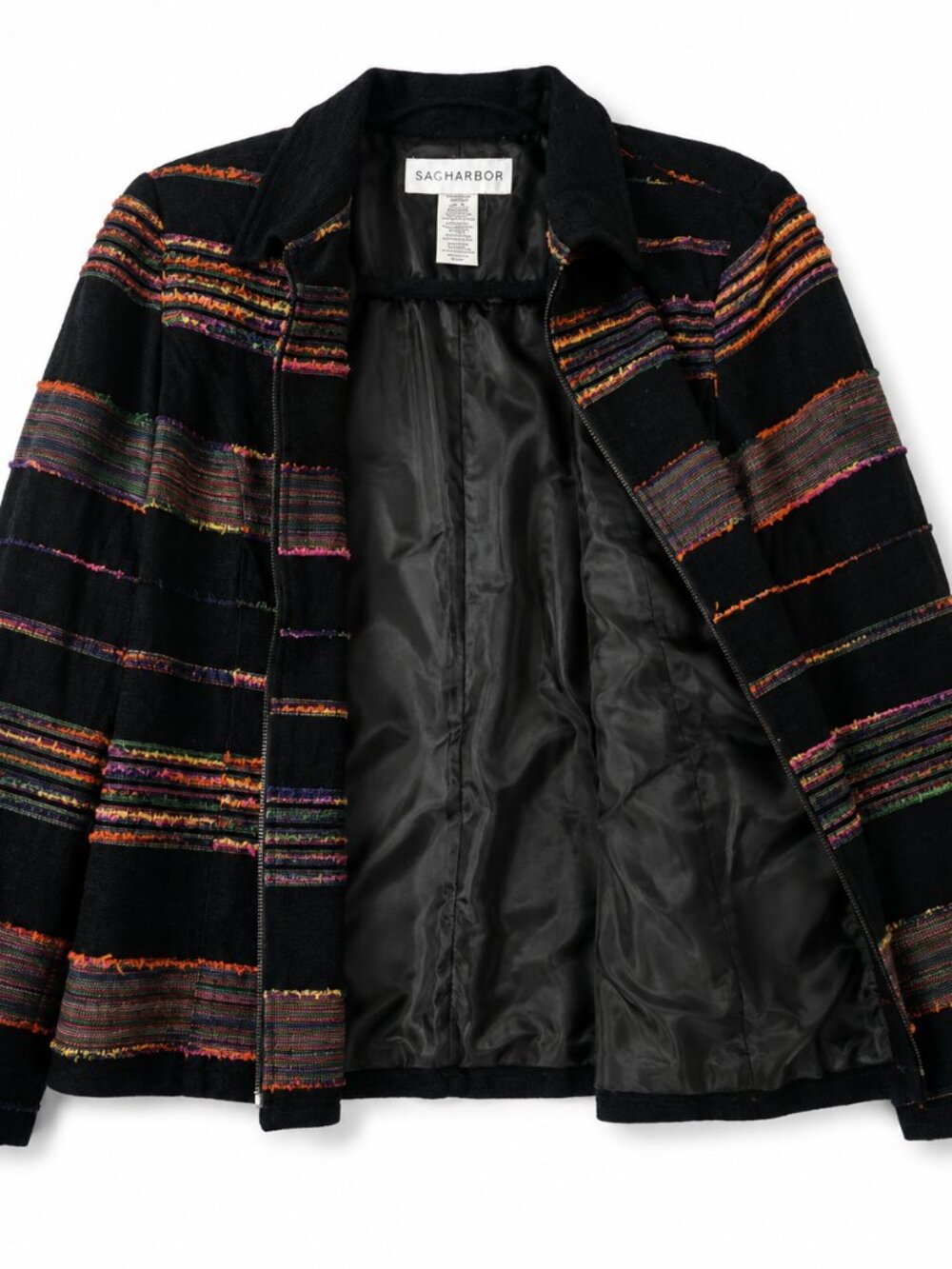 Vintage Sag Harbor Women’s Jacket Size 16 Black Textured Stripe Zip Front Blazer - Picture 5 of 6